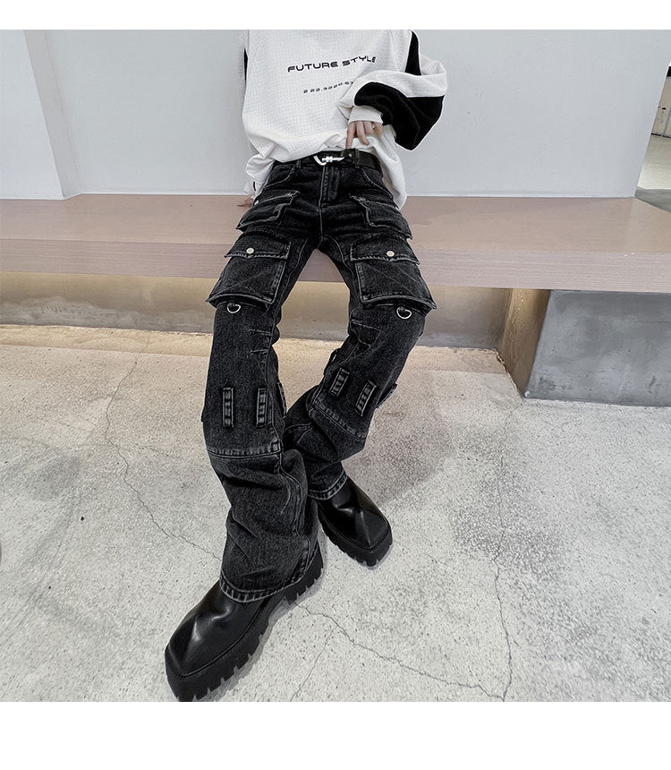 High Street Men's Distressed Multi-pocket Jeans