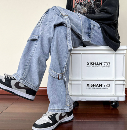 Street Trend Zipper Stitching Loose Straight Trousers